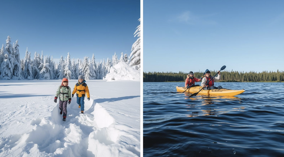 A family enjoying winter in snow and kayaking in the summer in Finland. Image Magic Media (AI)